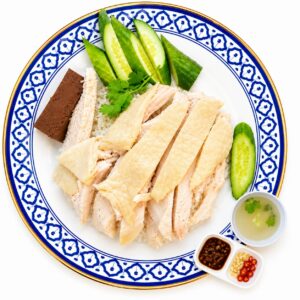 ข้าวมันไก่ธรรมดา(เนื้อน่องสะโพก+น้ำจิ้มสูตรเฉพาะ)