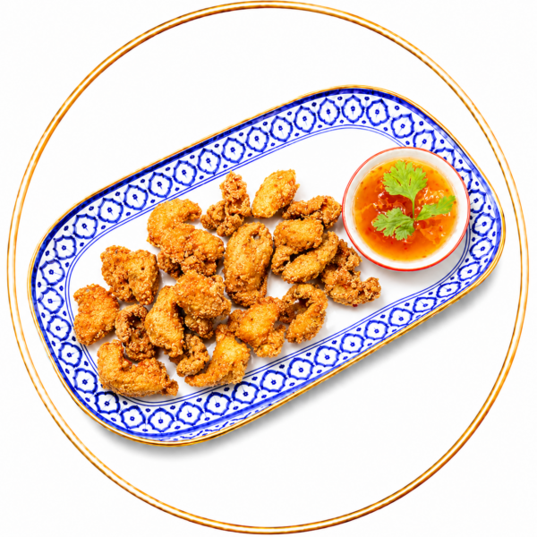 หนังไก่ชุปแป้งทอดพร้อมน้ำจิ้มไก่