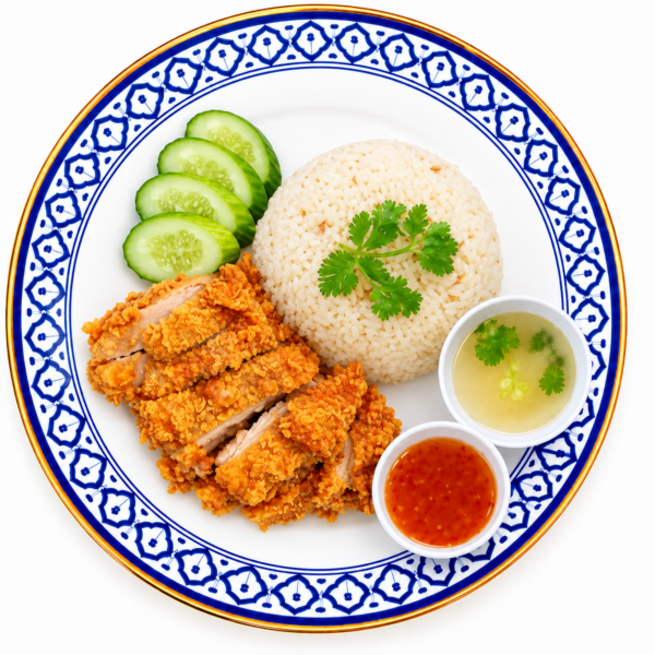 ข้าวมันไก่ทอดธรรมดา (เนื้อน่องสะโพก + น้ำจิ้มไก่)