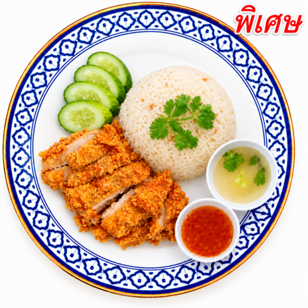ข้าวมันไก่ทอดพิเศษ (เนื้อน่องสะโพก+น้ำจิ้มไก่)